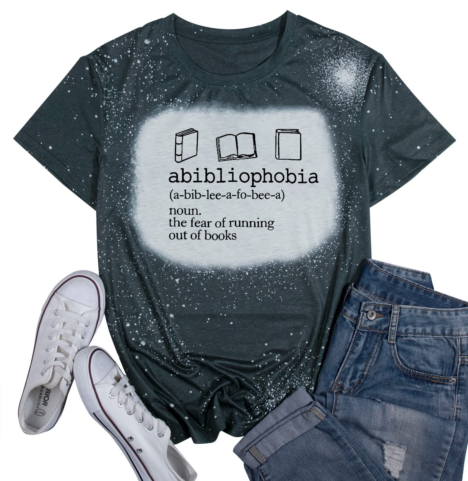 KIDDADBook T Shirt Women Abibliophobia Shirts Funny Reading Graphic Shirt Bookworm t-Shirt Teacher Book Lover Gift Tee Tops