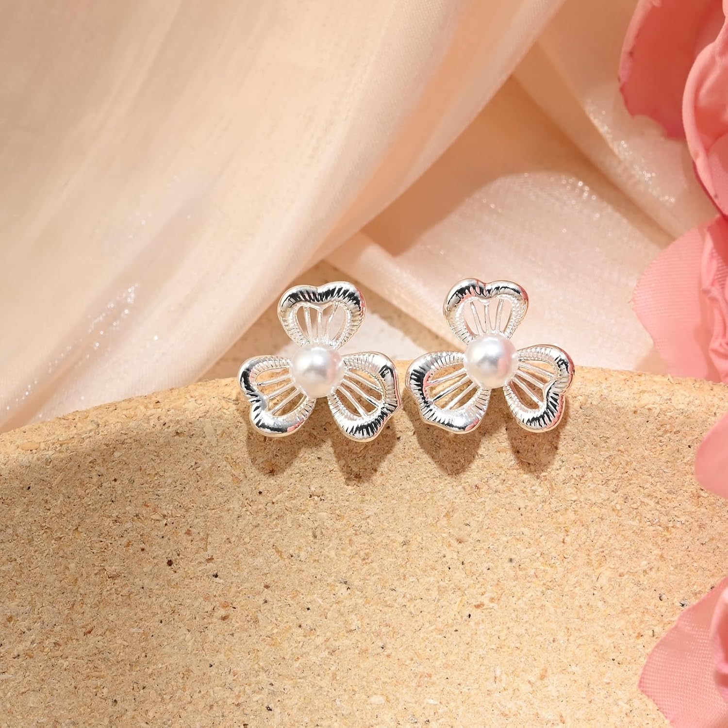 Flower 925 Sterling Silver Floral White Pearl Small Simple Stud Hypoallergenic Minimalist Earrings for Office Women - Image 2