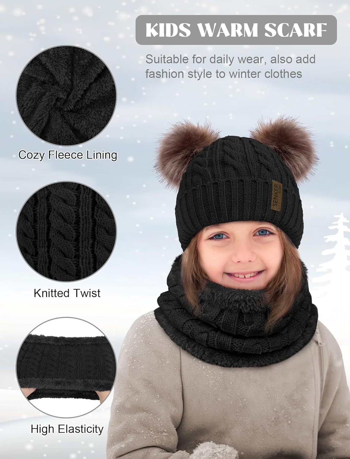 Senker Fashion Winter Beanie Kids Hat and Gloves Set for Girls Boys Toddler Pompom Knit Fleece Lined for Cold Weather - Image 3
