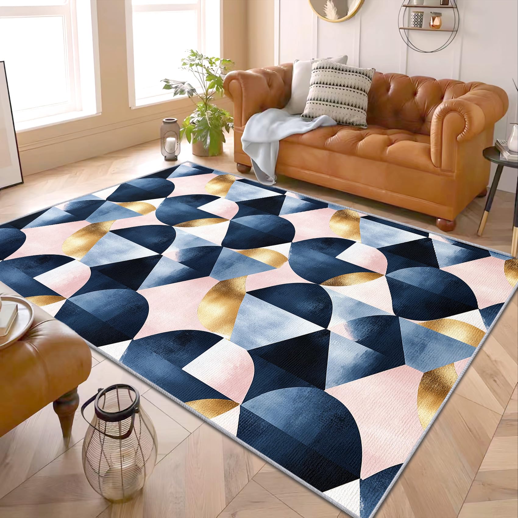PaxGloz Geometric Rugs for Living Room - Blue and Gold Geometric Rug, Minimalist Pink Navy Rugs for Living Room Bedroom, Washable Non Slip Soft Large Carpet, Patterned Area Rug & Home Decor 160x230 cm