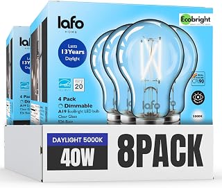 EcoBright 8PK Dimmable A19 LED Filament Bulb 40W Equivalent 5W E26 Base 450 Lumens CRI90 Flicker Free Clear Glass Energy Star Title 20 Daylight 5000K for Lamps Ceiling Fixtures and Indoor Use