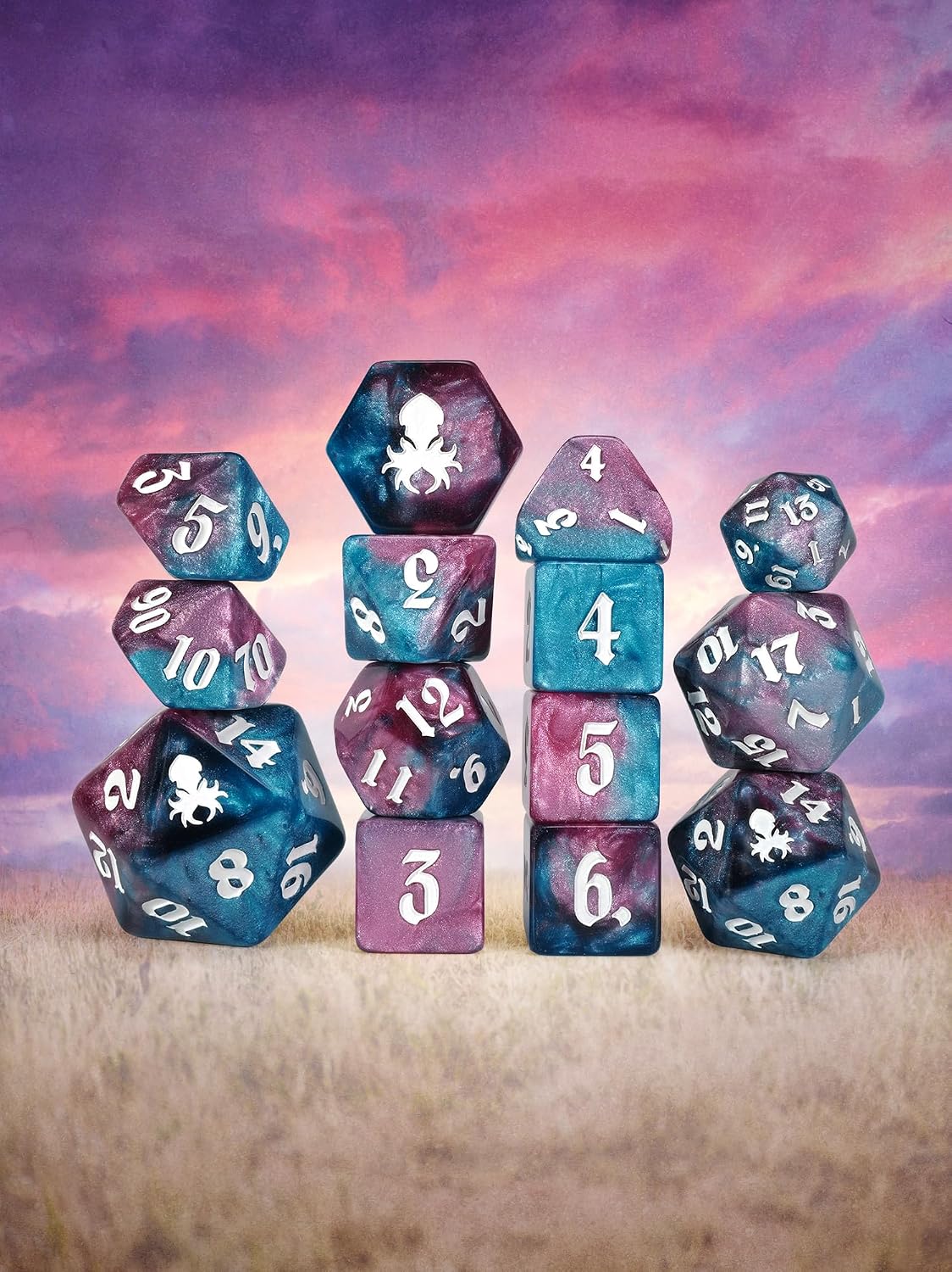 Kraken Dice Prairie Skies 14pc Dice Set Inked in Silver