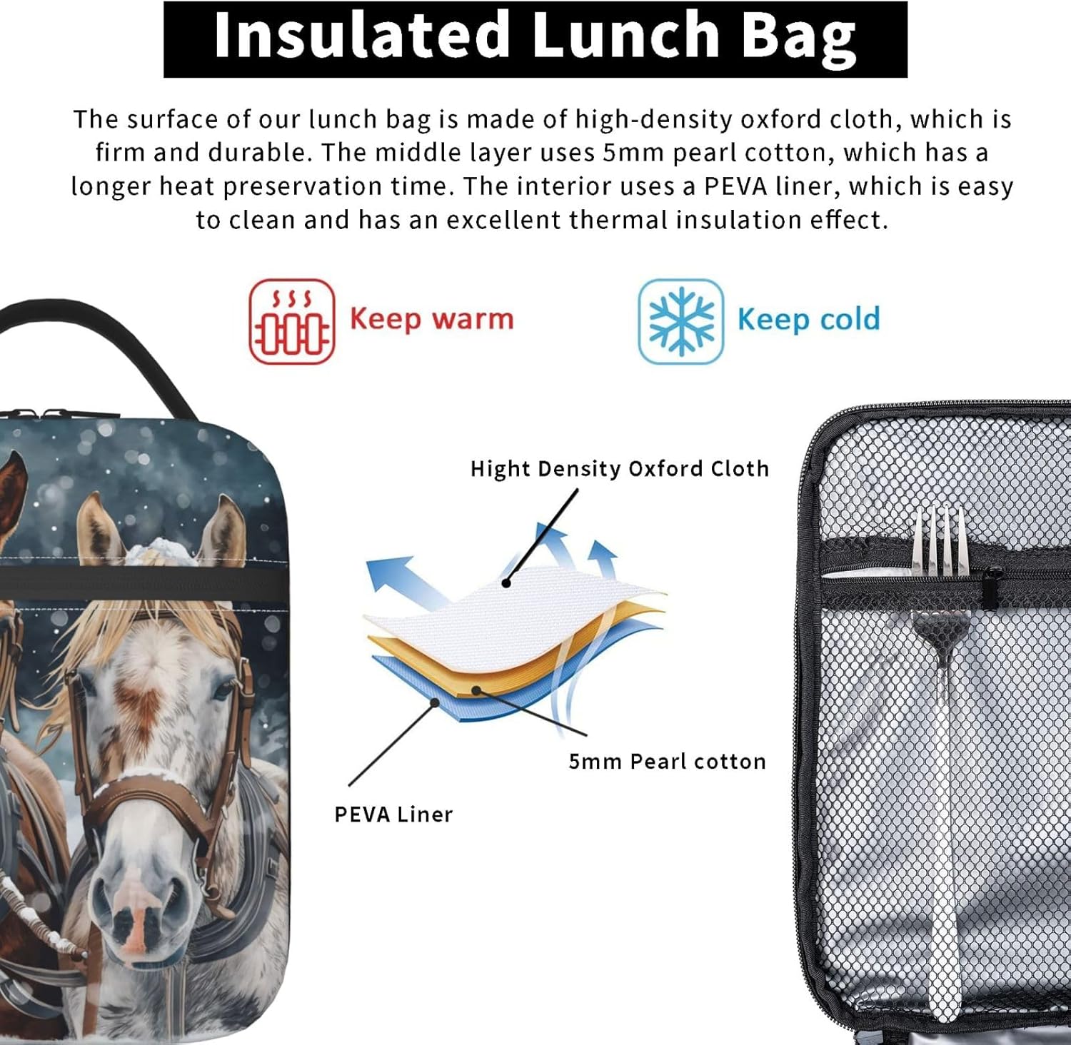 Insulated Lunch Box for Women Men, Horse Lunch Box Reusable Portable Lunch Bag Cooler Tote Waterproof Lunch Container for Office Picnic Work Travel Hiking - Image 5