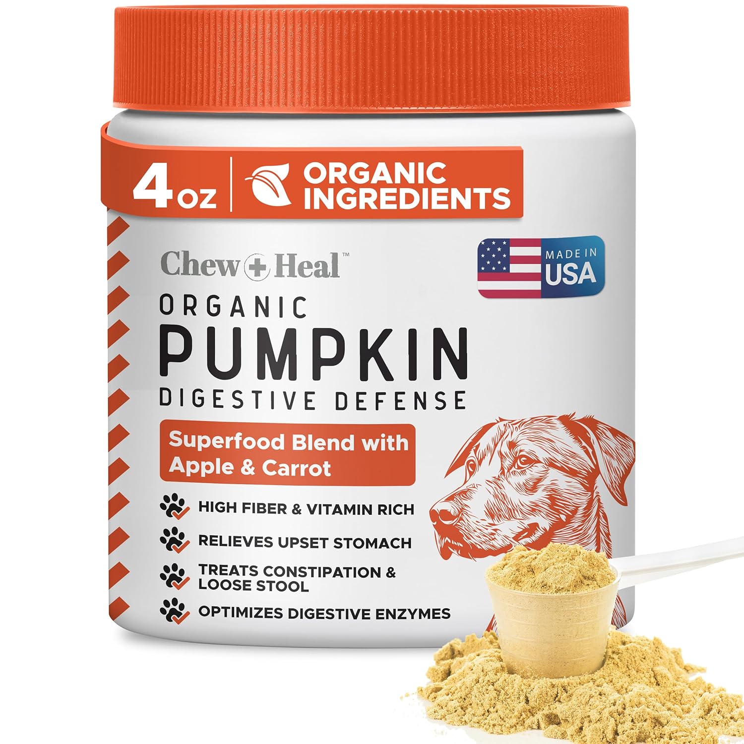 Organic Pumpkin Powder for Dogs - 4 oz of Powder for Dog Digestion with 5cc Scoop - Made with Pumpkin, Apple, and Carrots - Made in The USA