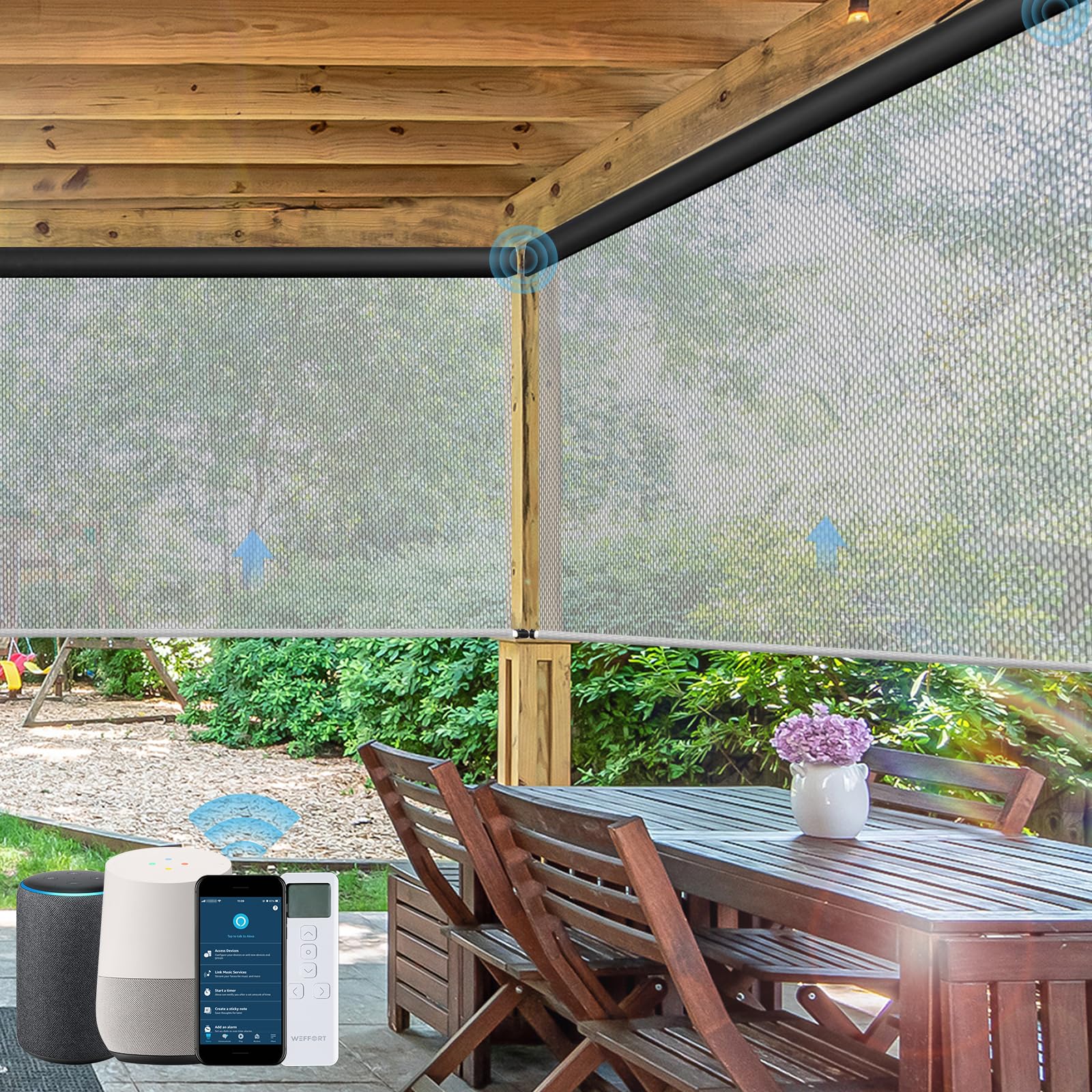 Motorized Outdoor Roller Shades Patio Roll Up Blind Work with Alexa Google Home Apple Homekit Remote Control Sun