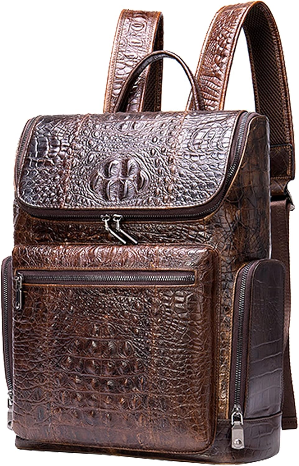 Genuine Leather Backpack For Men, Vintage Crocodile Leather Large Capacity Shoulder Bags for Office Travel Outdoor Weekend
