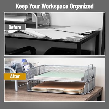 Mind Reader Stackable Paper Tray, Desktop Organizer, File Storage, Office, Metal Mesh, 2 Pcs., Silver