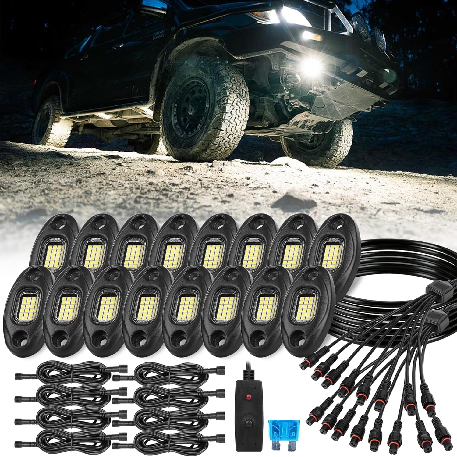 Pure White Rock Lights 24Chip Pure White with Metal Aluminum Housing, Plug & Play Wire Harness with Switch Fuse, Waterproof IP68 Underglow Lights for Offroad Trucks Jeep UTV ATV （6 Pack）