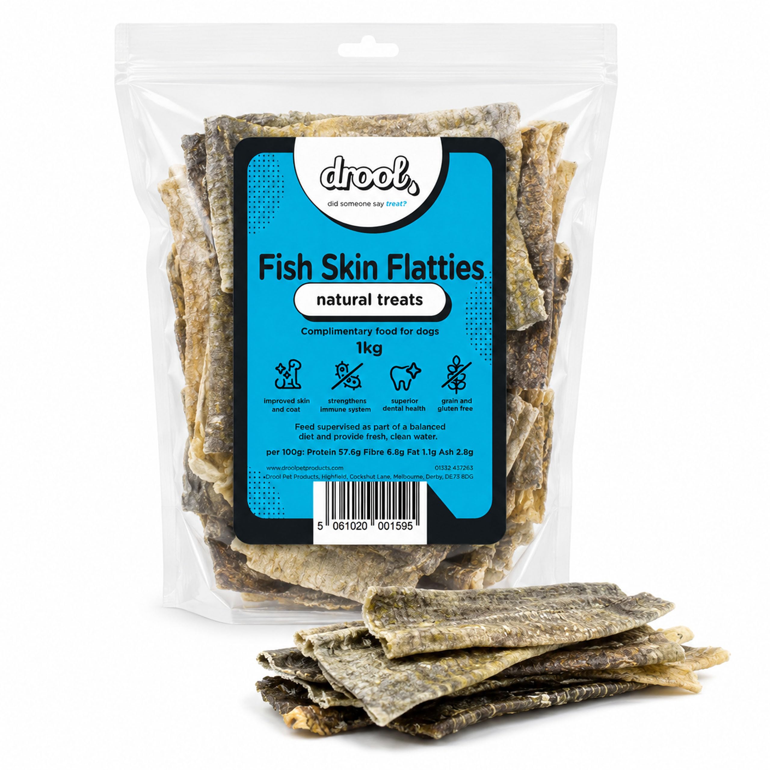 Drool Fish Skin Flatties Dog Treats – 100% Natural Air-Dried Fish Skin Chews, High Protein, Grain Free – 1kg