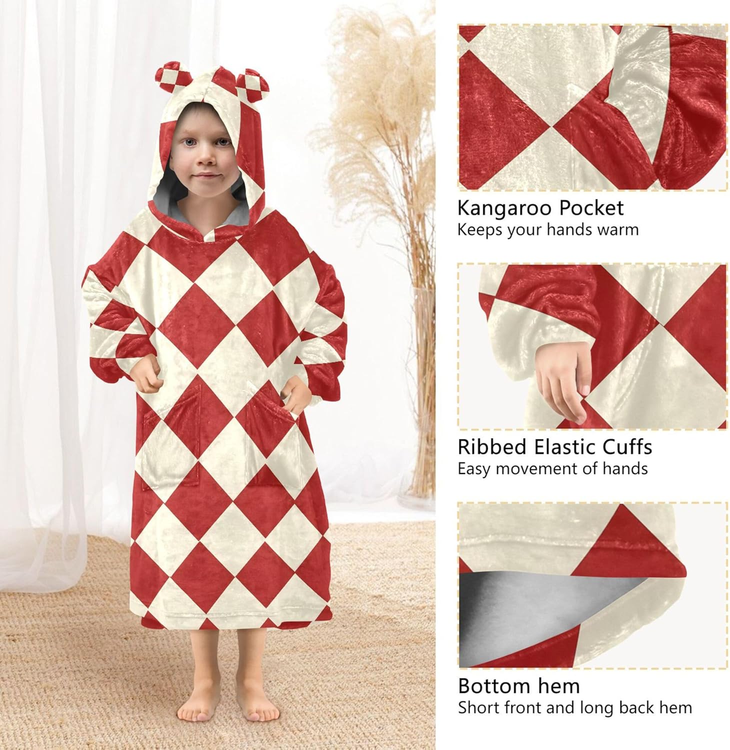 Red Buffalo Check Plaid Kids Wearable Blanket Hoodie with Pocket and Sleeves for Toddlers, Cute Hoodies Girls B0403665