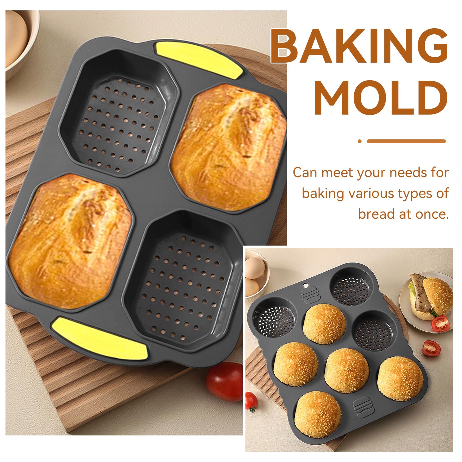 Hamburger Bun Pan, Silicone Hamburger Bun Mold and Silicone Baguette Pan 8 Cavity loaf pan Non Stick Baking Pan Perforated Hamburger Bun Mold Baking Pan for Homemade Buns