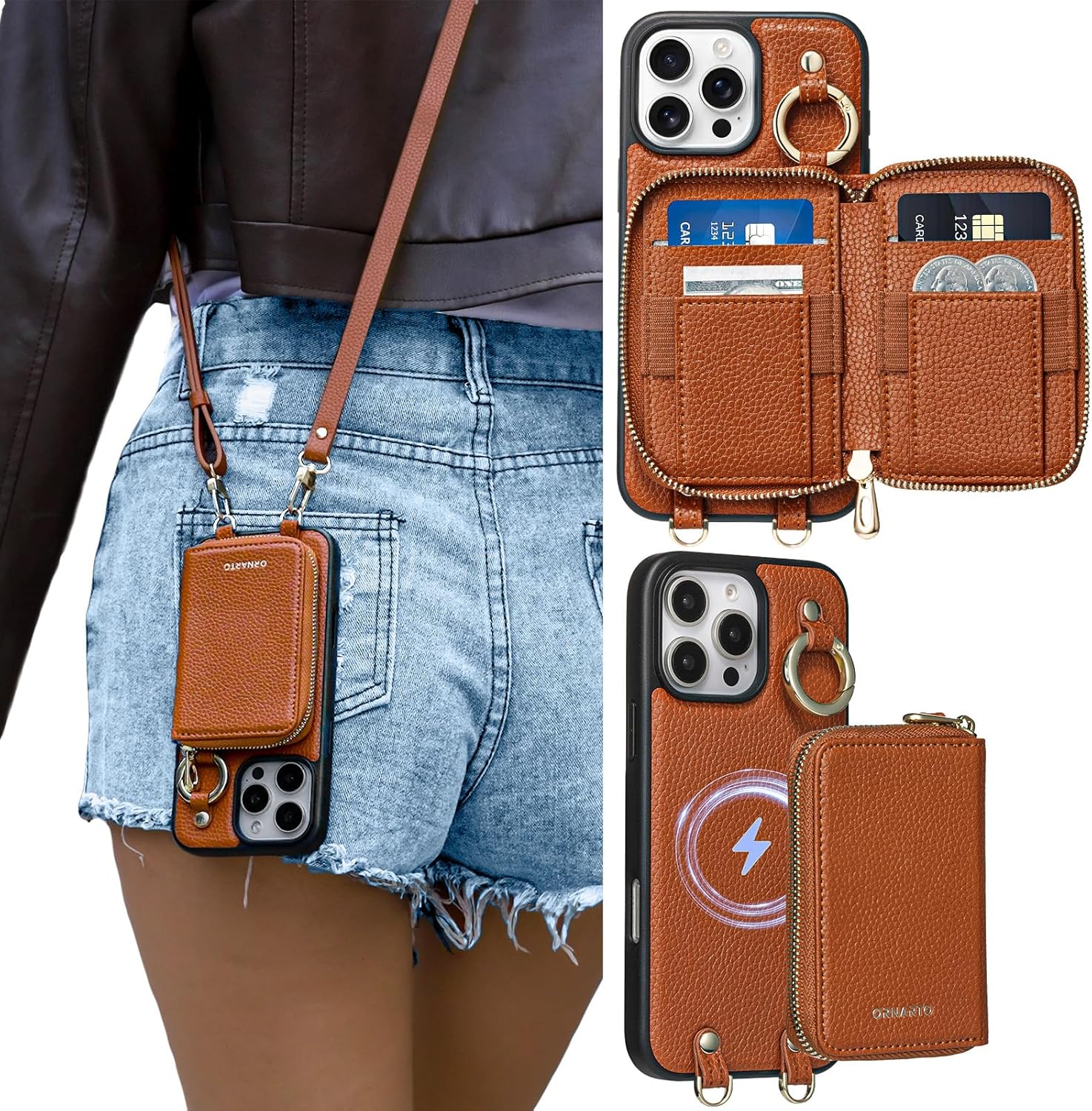 ORNARTO Magnetic Detachable Wallet Case for iPhone 16 Pro Max, [Compatible with MagSafe], Crossbody Wallet Case with Card Holder Wrist Strap, RFID Blocking PU Leather Wallet Phone Cover 6.9", Brown