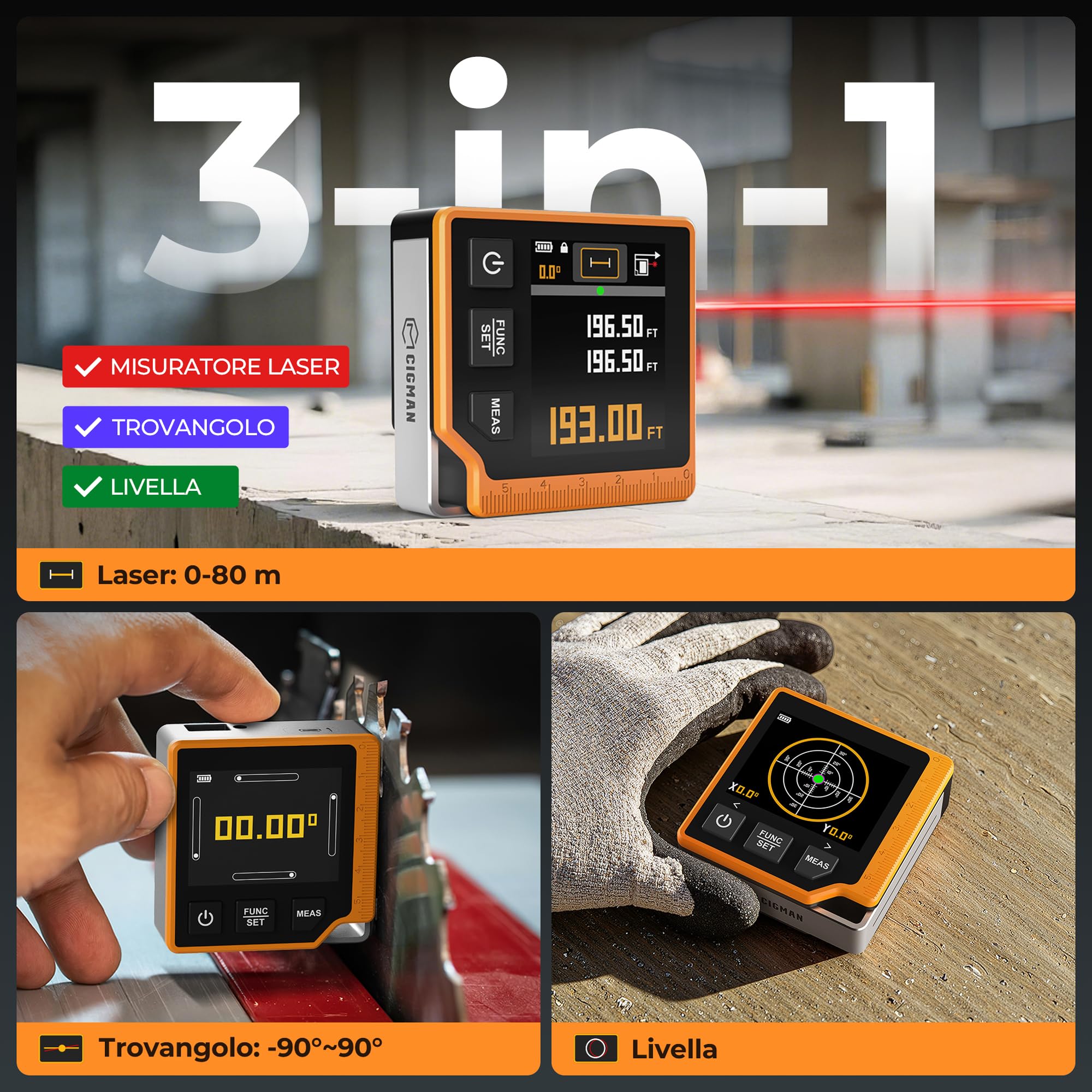 CIGMAN Telemetro Laser Digitale 3 in 1 80M, Misuratore di Distanza con LCD Retroilluminato, Bolla Elettronica,Goniometro Digitale, Unità M/In/Ft, Metro Laser Digitale (CD80)