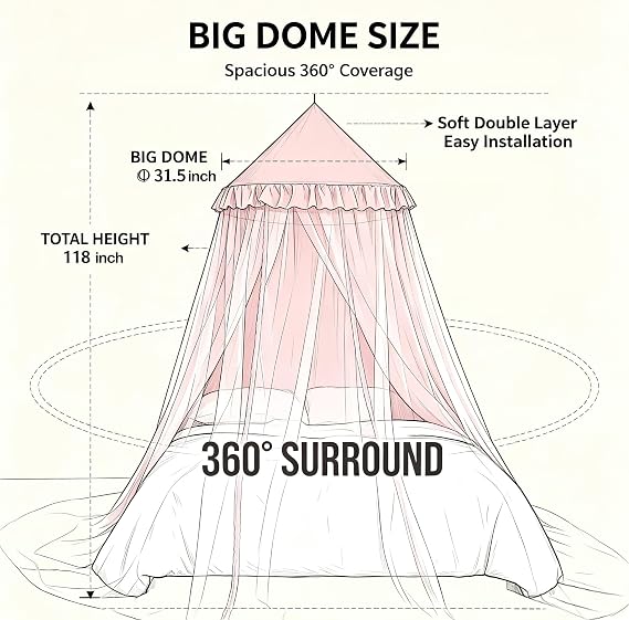 Kertnic Princess Bed Canopy for Girls, Double Layer Round Bed Mosquito Net, 31.5 Large Dome Indoor Castle Bed Tent, Sleeping & Reading Nook Curtain for Boys Girls (Beige Pink)
