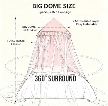 Kertnic Princess Bed Canopy for Girls, Double Layer Round Bed Mosquito Net, 31.5 Large Dome Indoor Castle Bed Tent, Sleeping & Reading Nook Curtain for Boys Girls (Beige Pink)