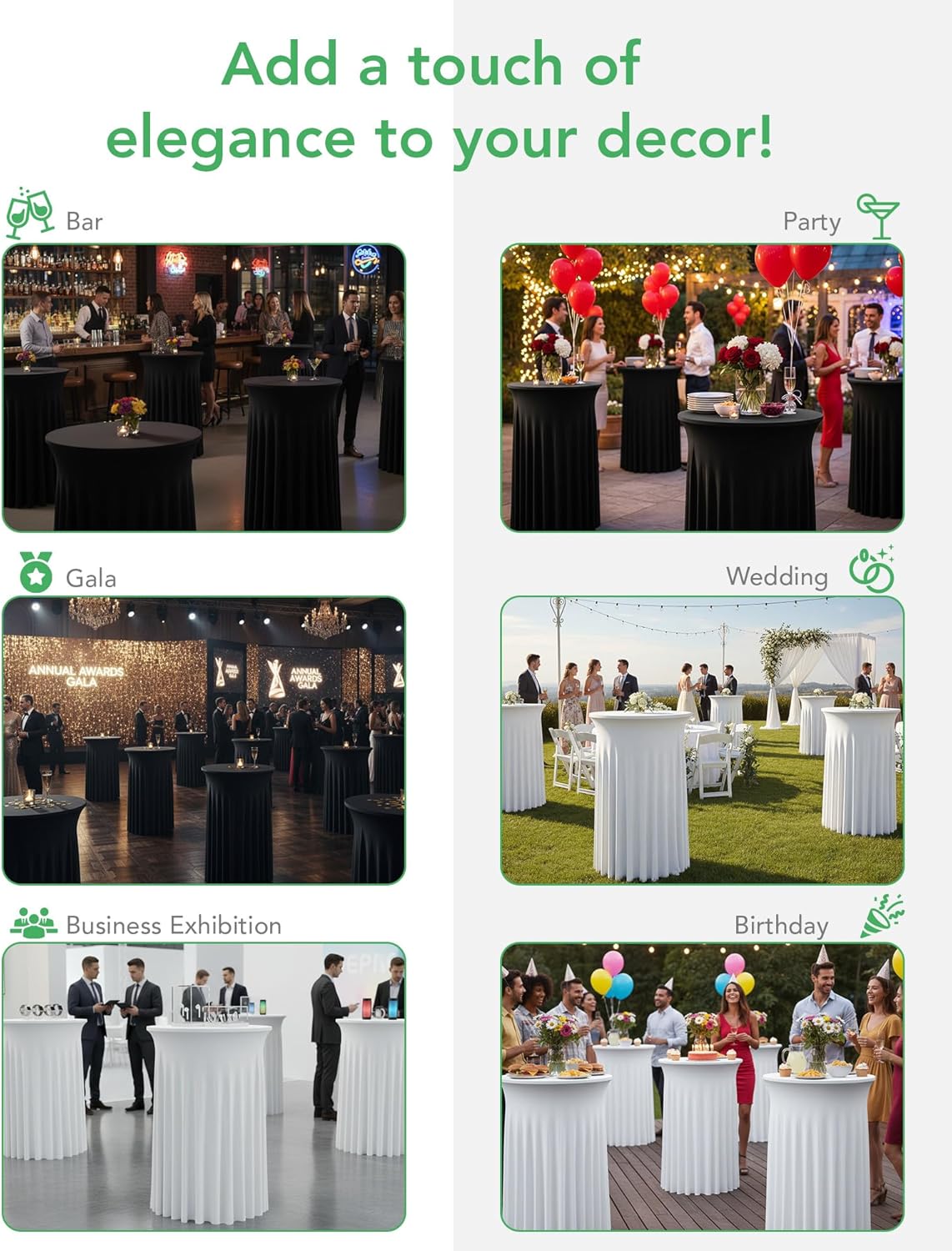 KeyWave Cocktail Table Tablecloth with Skirts - 32x43 Inch Wavy Spandex High Top Cocktail Table Covers, Ruffle Drape Highboy Tablecloth Reusable for Party Wedding Cake Standing Table, Black, 6 Pack