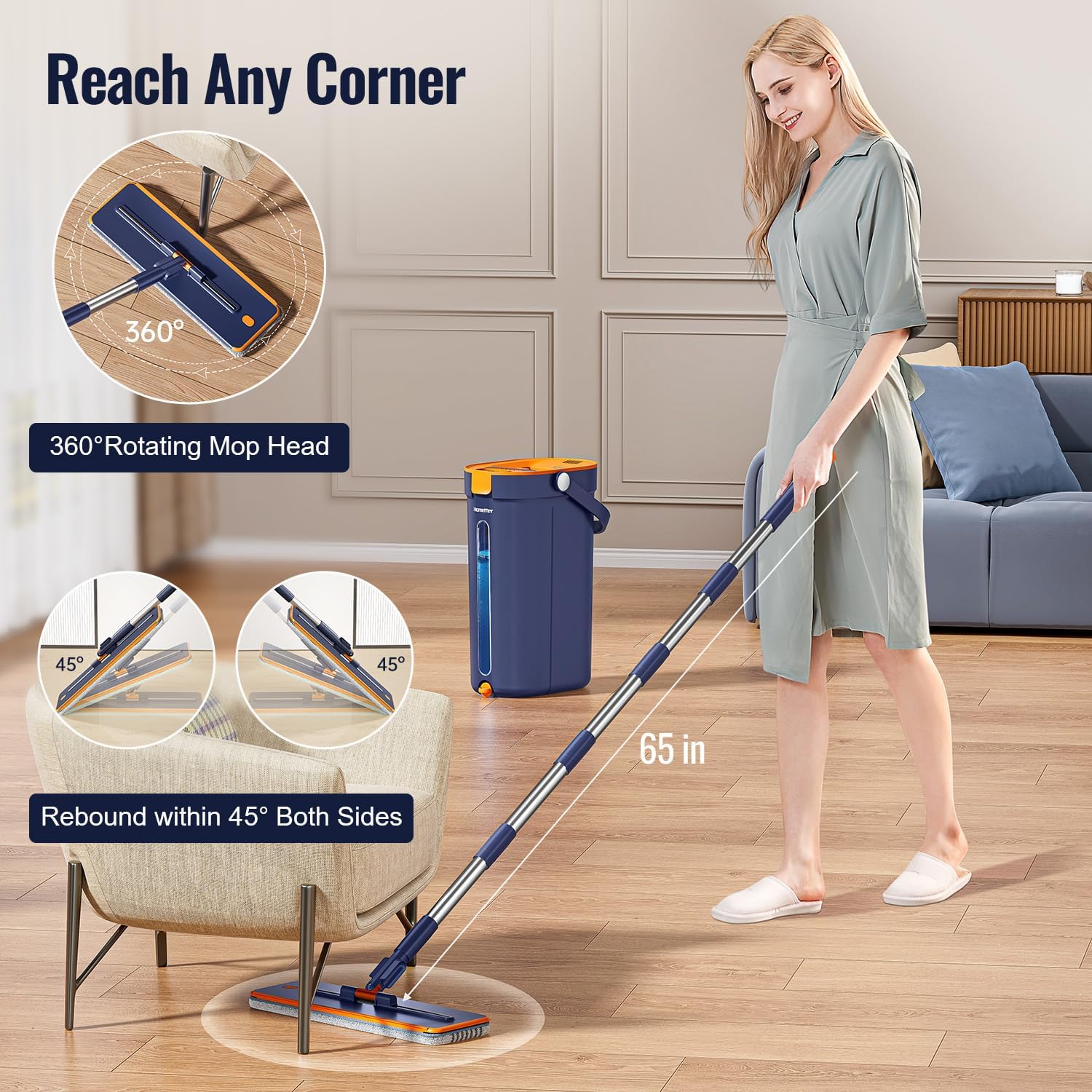 Mop and Bucket Set with Wringer, 3-Tank Flat Mop and Bucket System, Wall Mop Cleaner with Long Handle, Hands Free Mops for Floor Cleaning with 4 Microfiber Pads