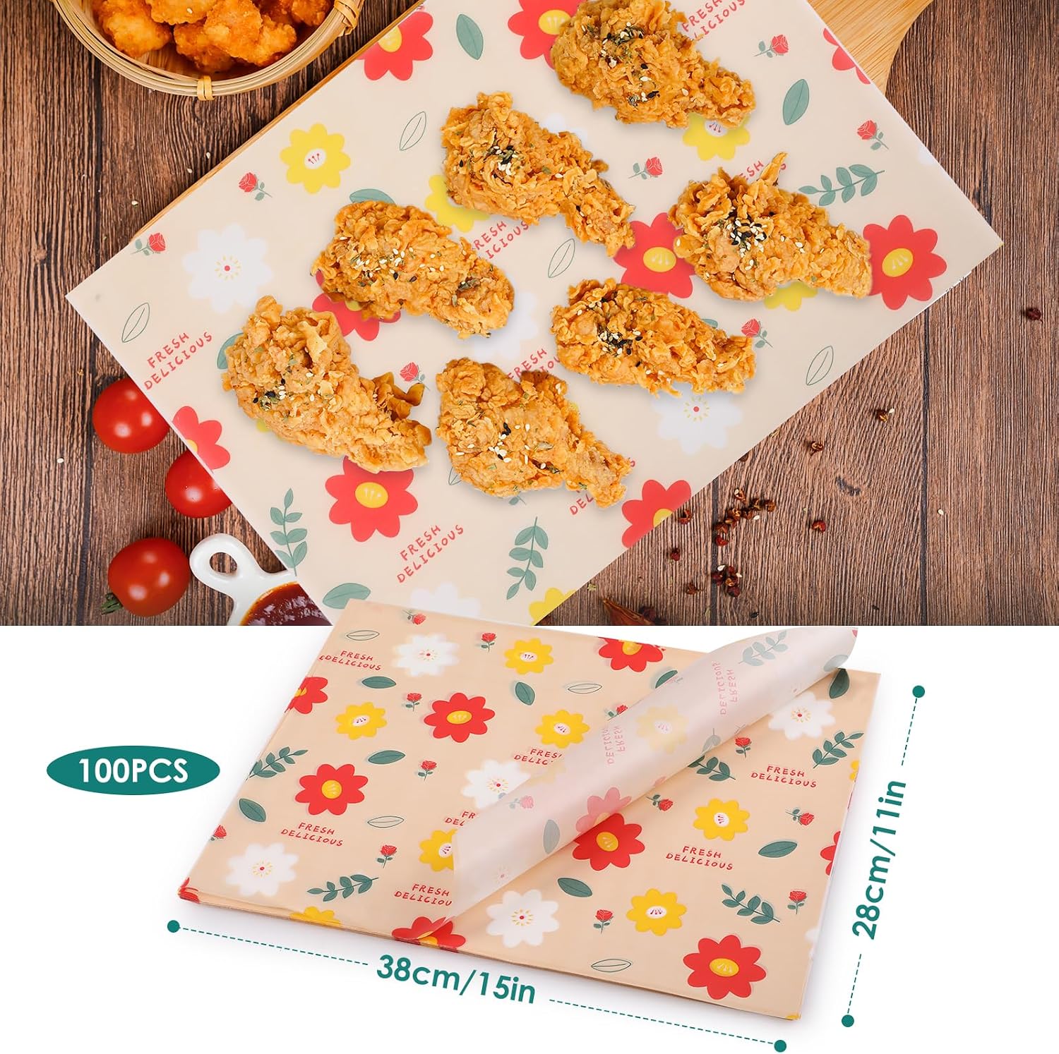 GeeRic Waxed Deli Paper Sheets for Food 11 * 15 Inch, 100 Pcs Food Basket Liners for French Fries, 2026 Burgers, Dry Sandwich Wrap Paper Sheets Floral