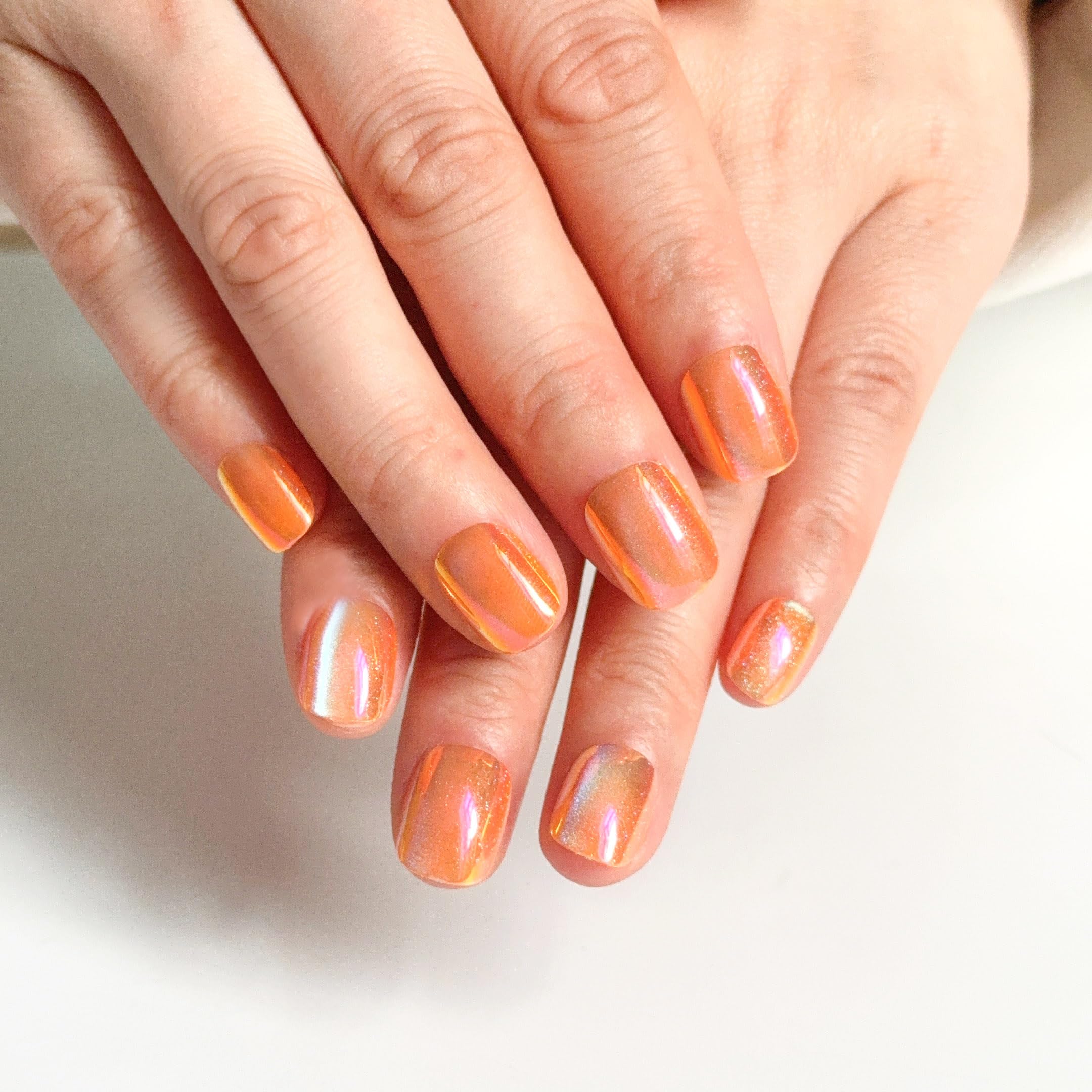 NAKHI Orange Chrome Press On Nails 24 PCS Reusable Square Fake Nails Glossy Aurora Stick On Nails Full Cover Artificial Nails for Women & Girls Salon Finish Nail Kit-image-46