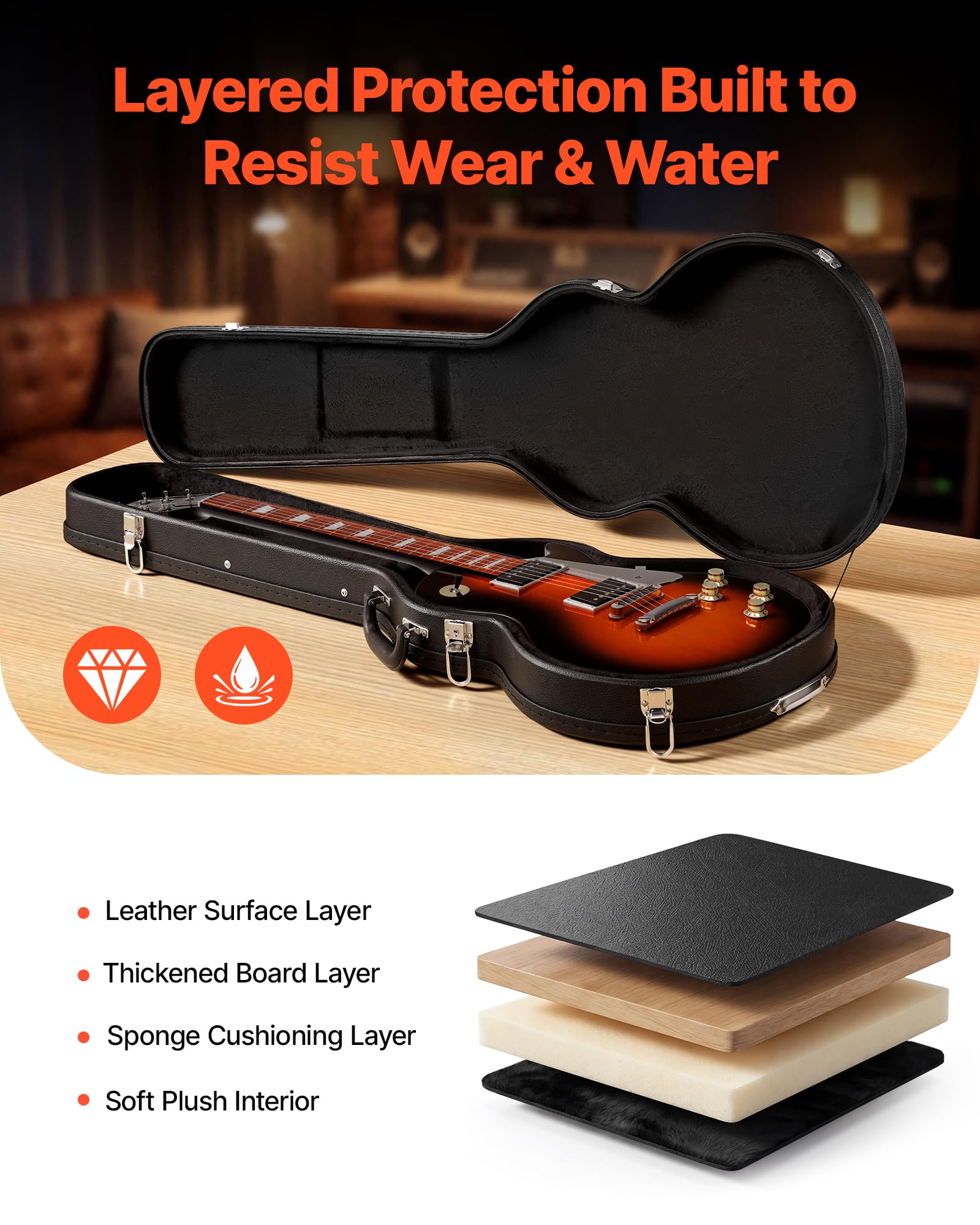 VEVOR Estuche para Guitarra Eléctrica de 39 Pulgadas 99,1cm Negro de Madera, para Guitarras Les Paul, con Cerradura, Inserto de Espuma, Llaves, Compartimento para Accesorios, Resistente al Desgaste