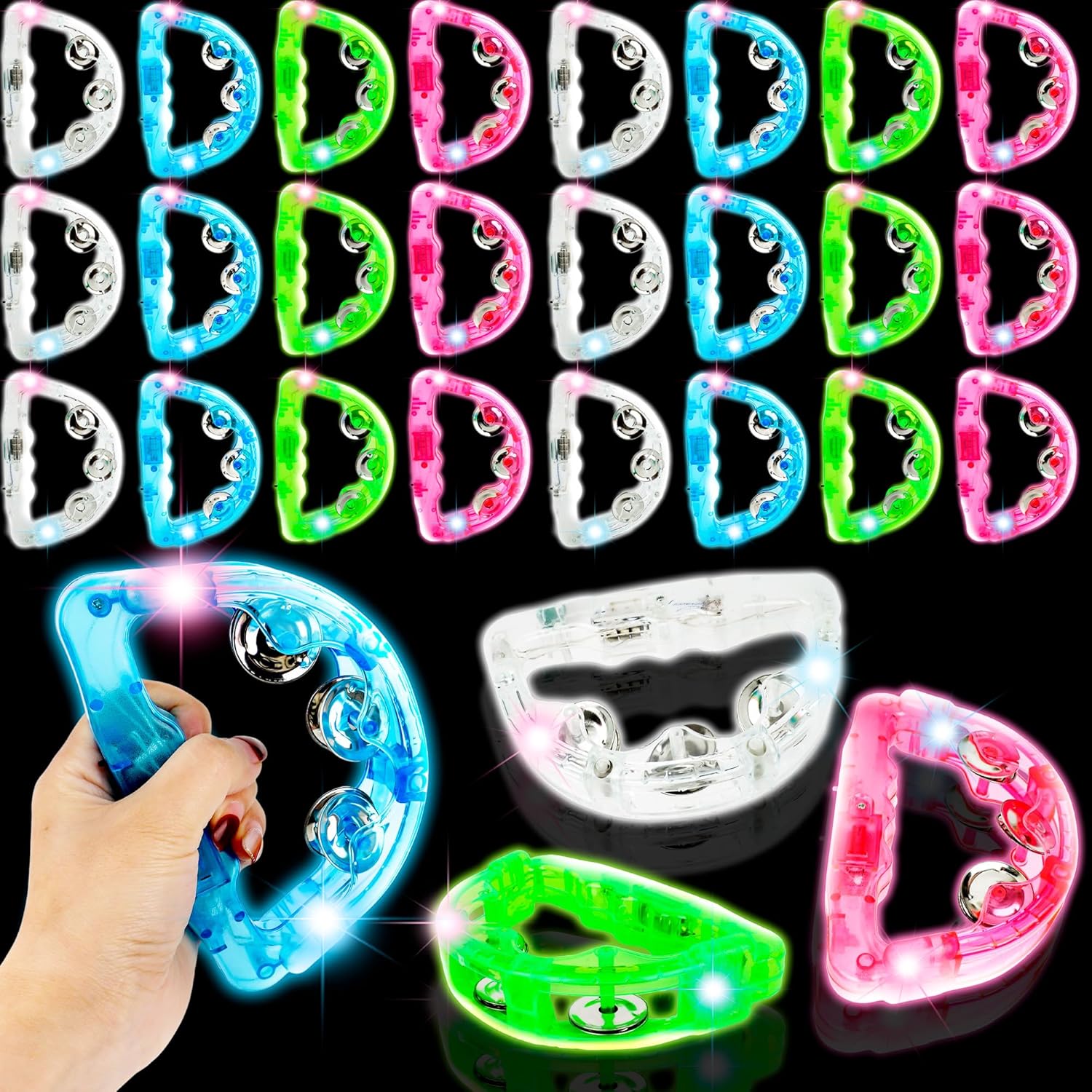 28 Pack Light Up Tambourine LED Tambourine Bulk Colorful Handheld Tambourines Musical LED Tambourine Toys Glow in The Dark for Wedding Party Favors Percussion Instrument