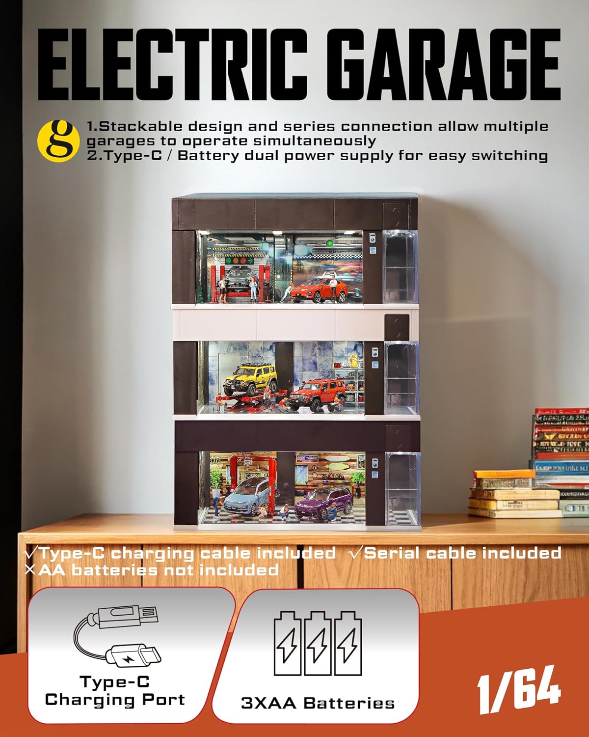 1/64 Scale Diecast Display Case for Hot Wheel Storage with LED Lights, Stackable Electric Garage with Voice Control, 3 Replaceable 3D Scenes Parking Lot Diorama for Model Cars (Black)