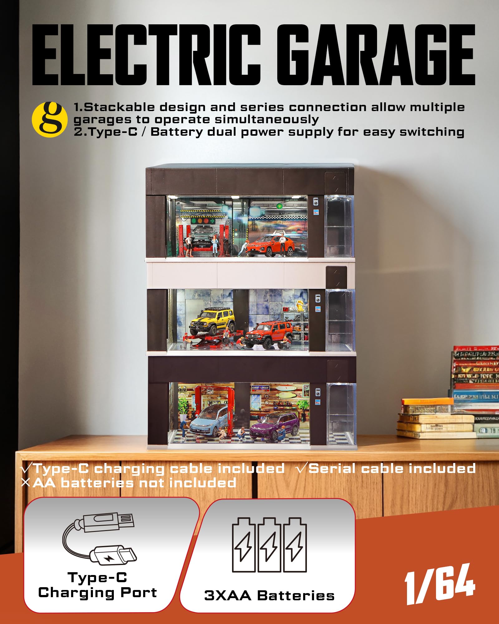 1/64 Garage pour Hot Wheels Stockage, Empilable Vitrine électrique avec Commande Vocale Lumière LED, 3D Scènes 3 Remplaçables Parking Diorama pour Voiture Diecast (Noir)