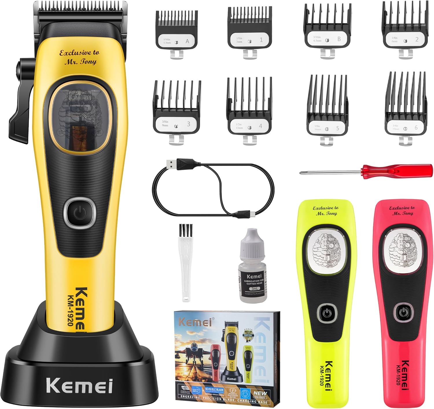 KEMEI 1920 Professional Hair Clippers for Men, 4500 mAh Barber Clippers for Hair Cutting, Cordless Hair Trimmer with Charging Base & 2 Modular Lids, DLC Blade