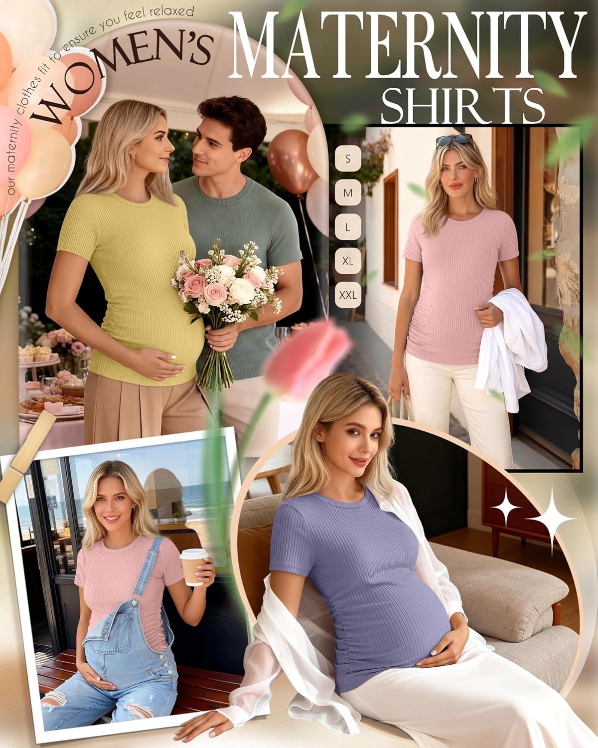 Ficerd 3 Pack Women's Maternity Shirts Cotton Short Sleeve Pregnancy Tops Side Ruched Ribbed Casual Mama tees Clothes - Image 2