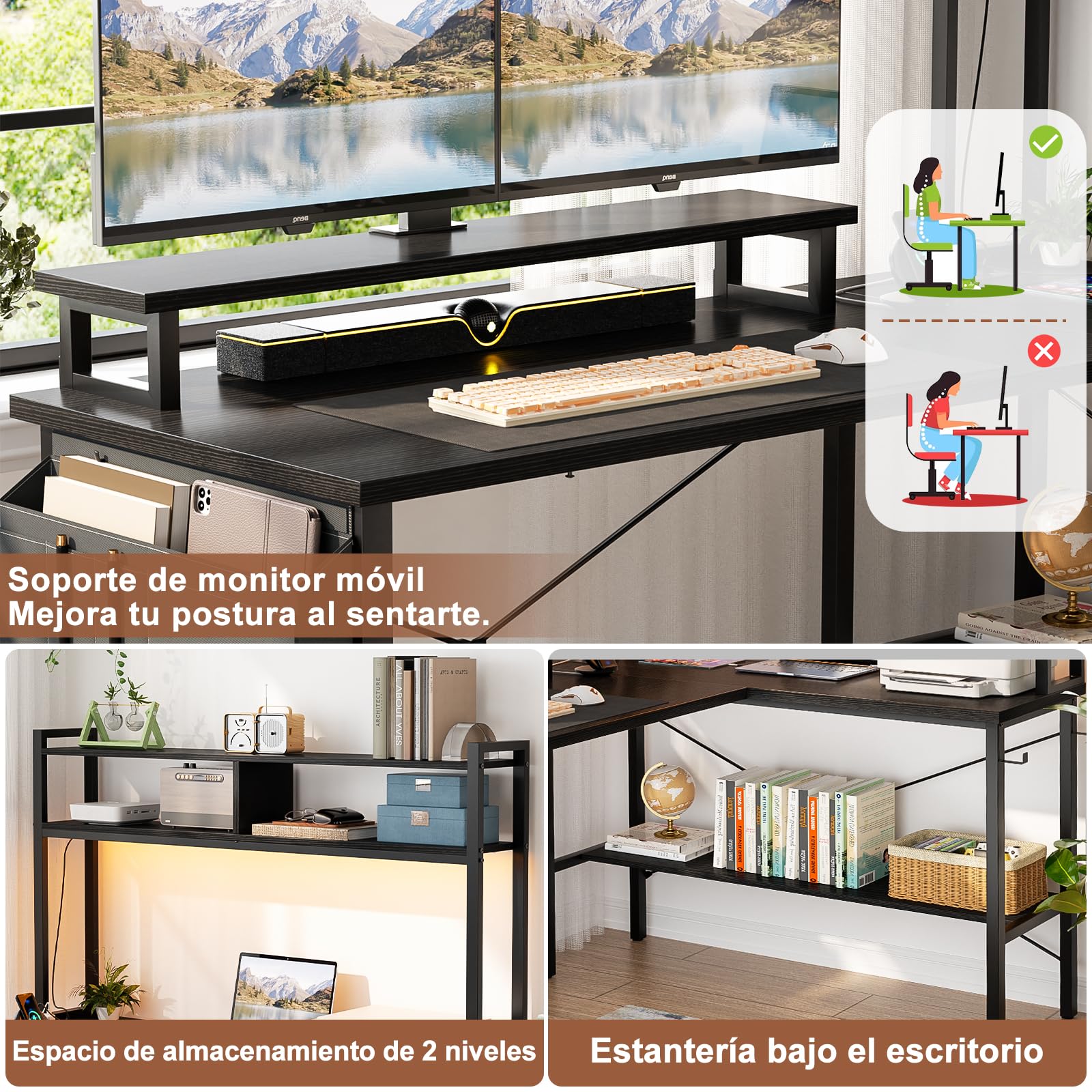 iSunirm Escritorio Gaming con LED,125x90 cm Escritorio en L con Enchufes y Puerto de Carga USB,Mesa para Ordenador con Estante para Monitor para Oficina en Casa,Negro
