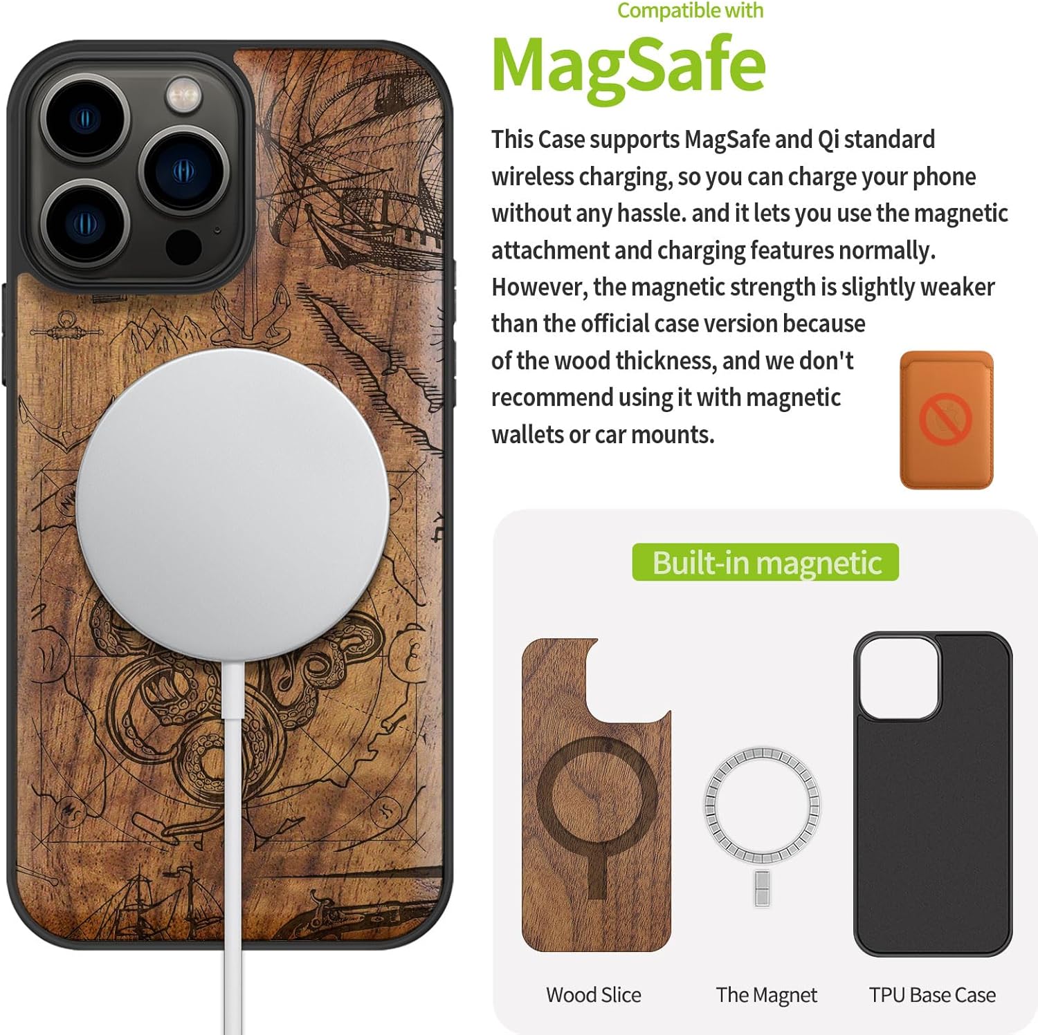 Carveit Magnetic Wood Case for iPhone 13 Pro Max [Natural Wood & Black Soft TPU] Unique Wooden Shockproof Protective Cover Compatible with magsafe (Deep Sea Octopus -Walnut)