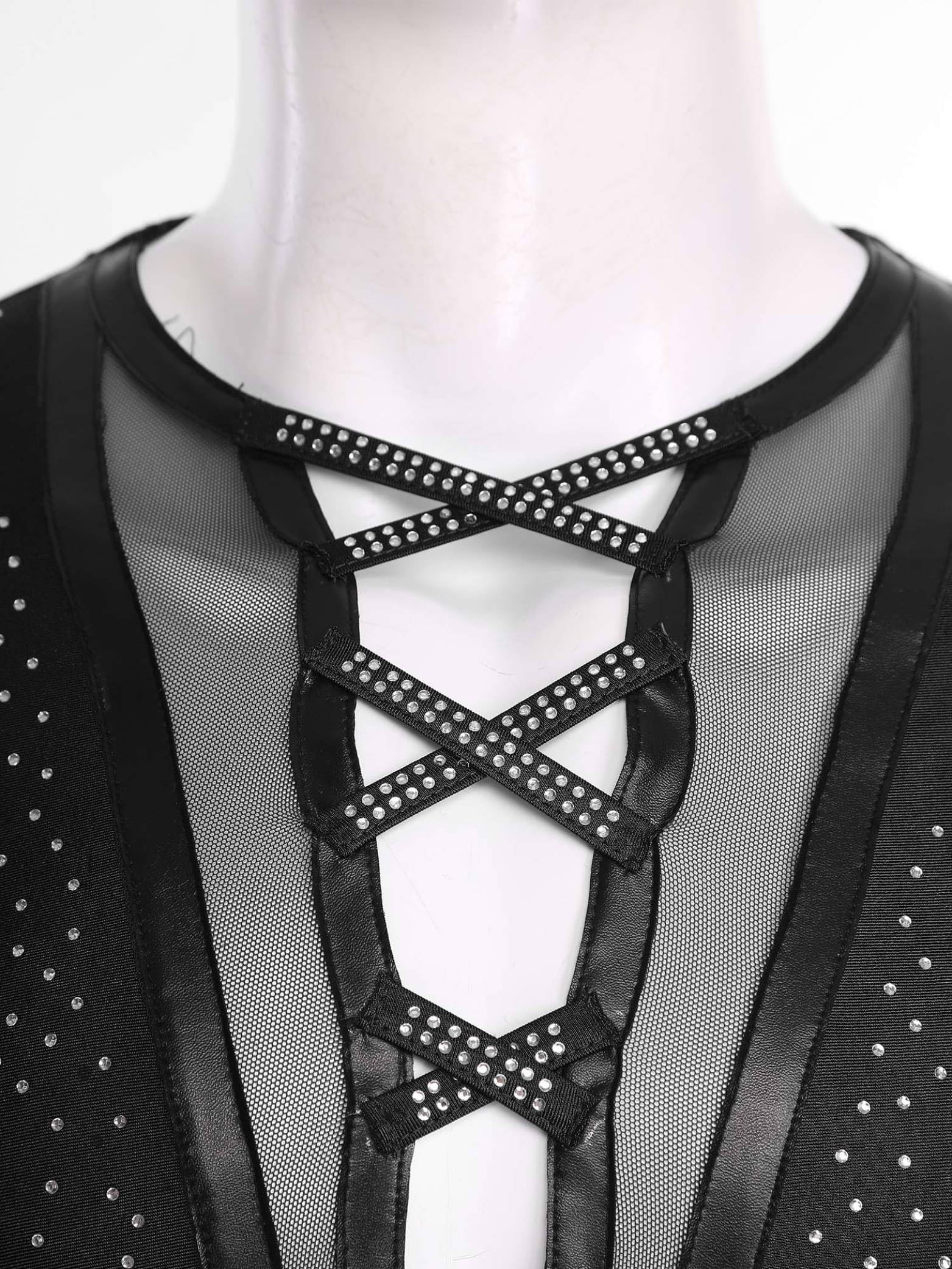 Uomo Top Camicia Danza Latina Salsa Rumba Cha Strass Tunica Manica Lunga