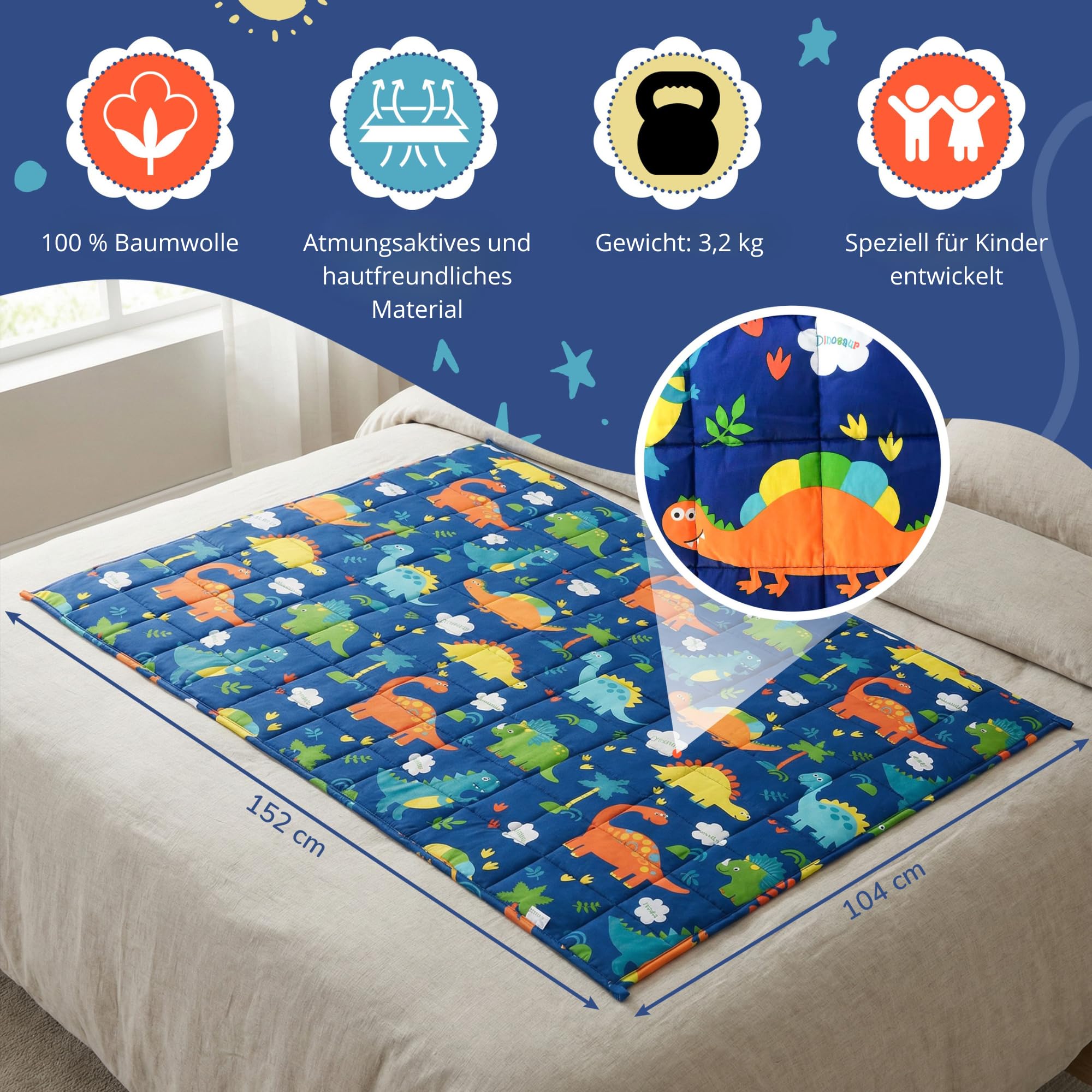 Vonia Gewichtsdecke Für Kinder – Gewichtsdecke Für Kinder Aus 100% Baumwolle | 3,2 Kg (104 X 152 cm) Sensorische Decken Mit Dinosaurier-Print Zum Schlafen – Grau/Blau