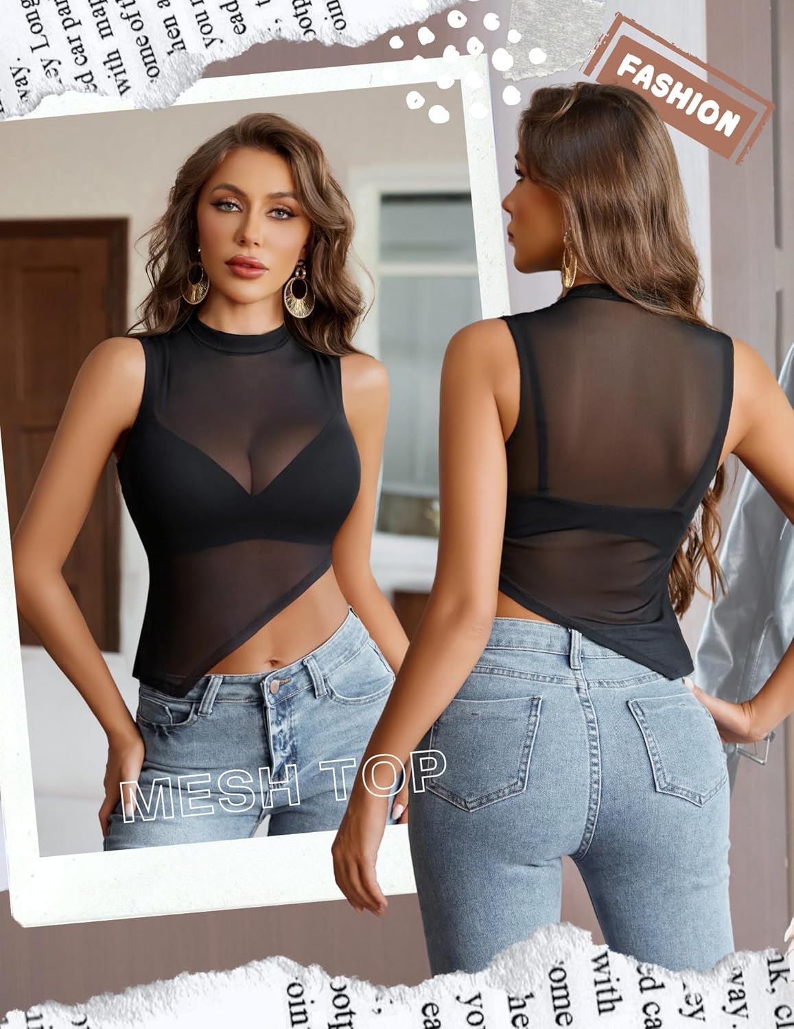 Avidlove Women Camisole Tops Sheer Mock Neck Tank See Through Summer Mesh Shirts Asymmetrical Top Clubwear - Image 2