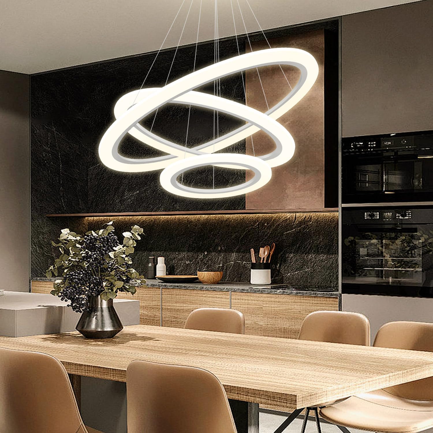 Modern LED Chandelier 3 Ring Chandelier for Dining Room Living Room Pendant Lighting High Ceiling Hanging Light Fixture for Bedroom Foyer Silver