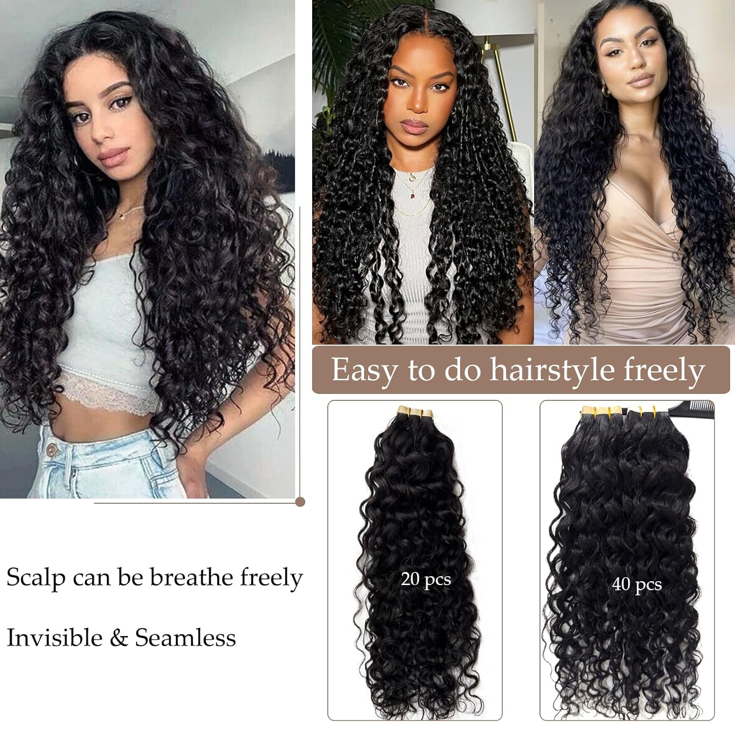 Water Wave Tape in Hair Extensions Human Hair, Natural Black Hair Extensions Real Remy Human Hair Tape in Extension for Black Women, 22 Inch 100g/pack 40 pcs Double Sided Invisible Tape Hair