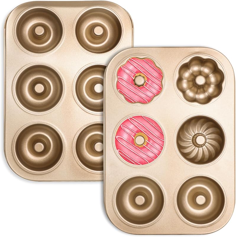 2PCS Carbon Steel 6-Cavity Donut Pan, Champagne Gold | for Baking Doughnut Nonstick & Easy Clean & Dishwasher Safe Donut Mold for Cake, Dessert & Bagel (Champagne Gold)