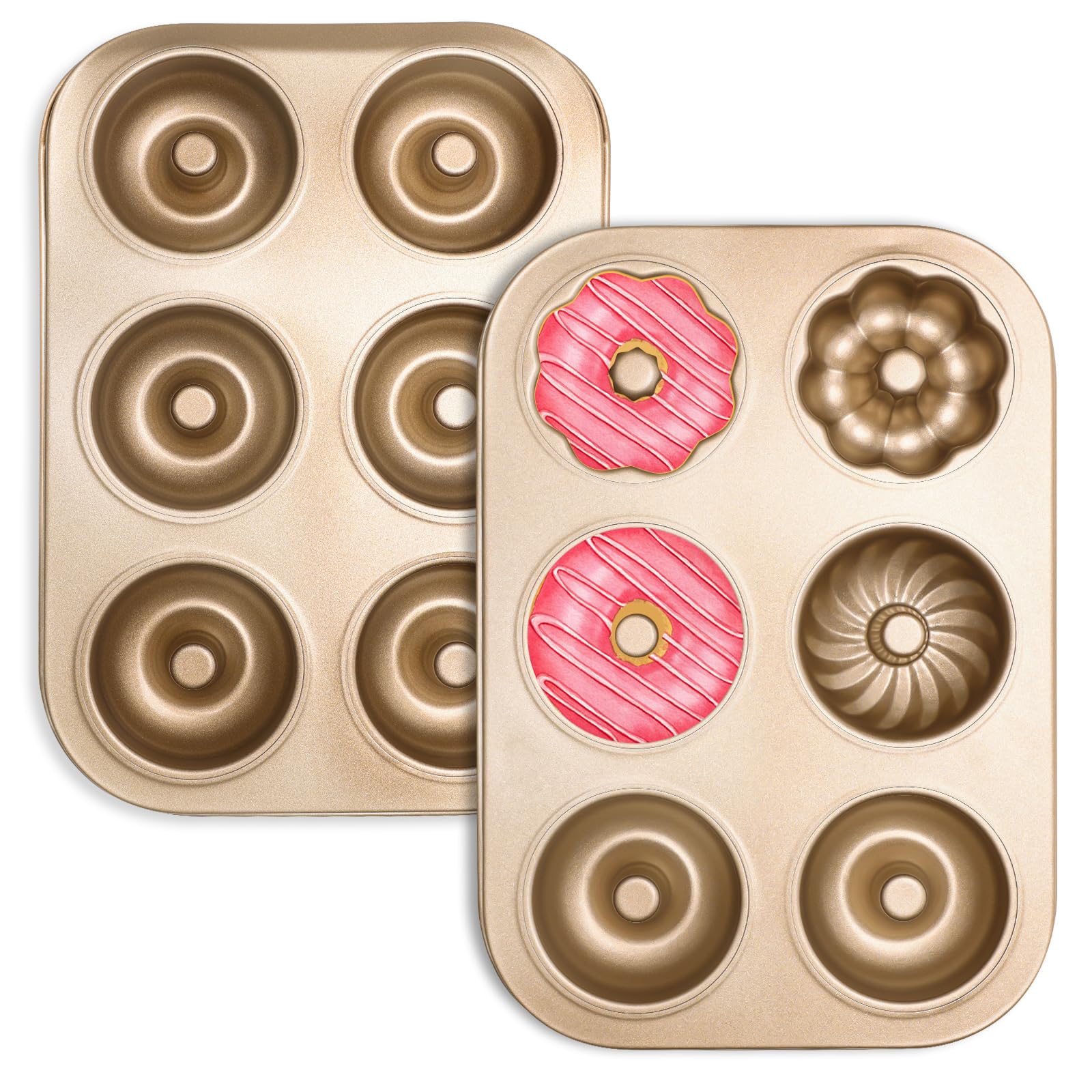 2 moldes para donas de acero al carbono con 6 cavidades para hornear donas, antiadherente, fácil de limpiar y apto para lavavajillas, molde de donas para pasteles, postres y bagel (dorado