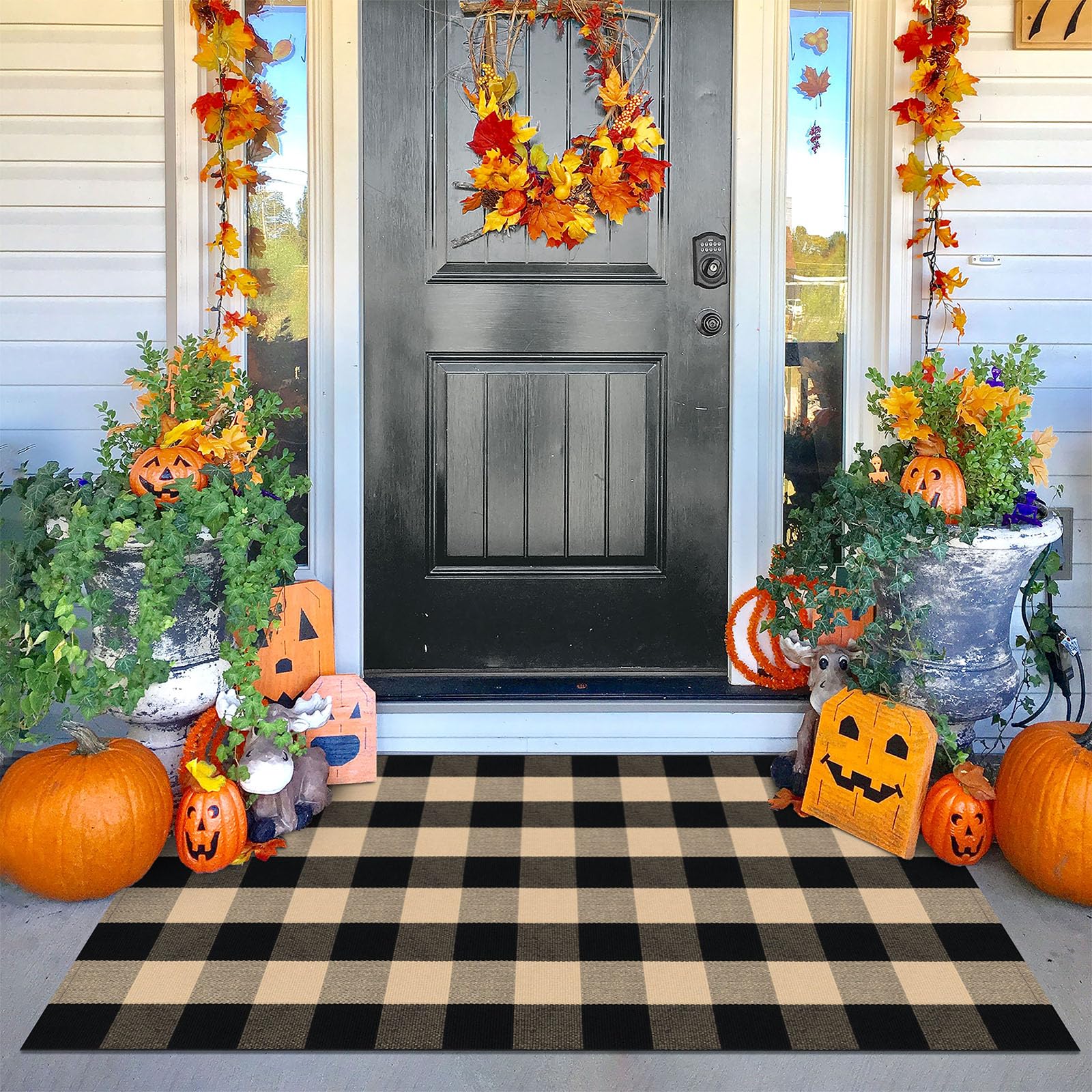 KOZYFLY Buffalo Plaid Area Rugs 3x5 Ft Brown and Black Checkered Rug Washable Front Door Mat Hand Woven Cotton Outdoor Rugs Large Rug for Front Porch