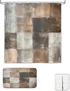 Brown Grey Abstract Shower Curtain and Bath Rugs Set, Rustic Farmhouse Acrylic Modern for Bathroom Decor, Waterproof Cloth Fabric with 12 Hooks,72x72 Inch Non Slip Absorbent Bath Mat 17x29 Inch