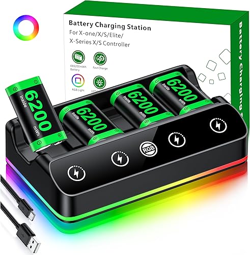 Miniatura 10 de DINOSTRIKE Paquete de 2 baterías de controlador de 6200 mWh, recargables compatibles con Xbox One, estación de carga RGB, cable USB C extendido
