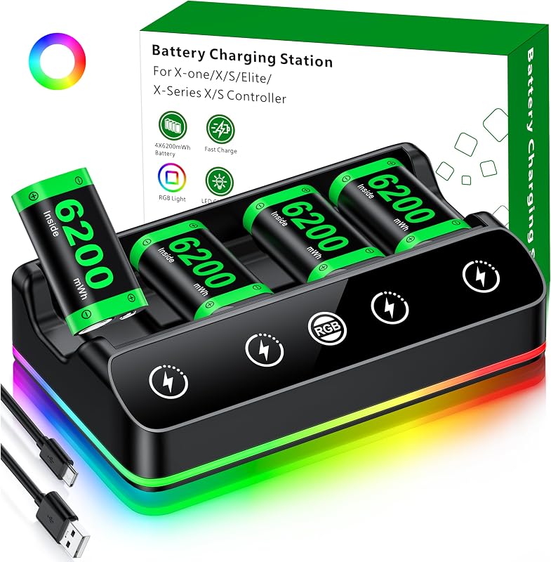 DINOSTRIKE 4X 6200mWh Battery Pack Compatible with Xbox One/Series S/X Controller Charging Station【Extended USB C Cable】 Rechargeable Battery Pack for Xbox
