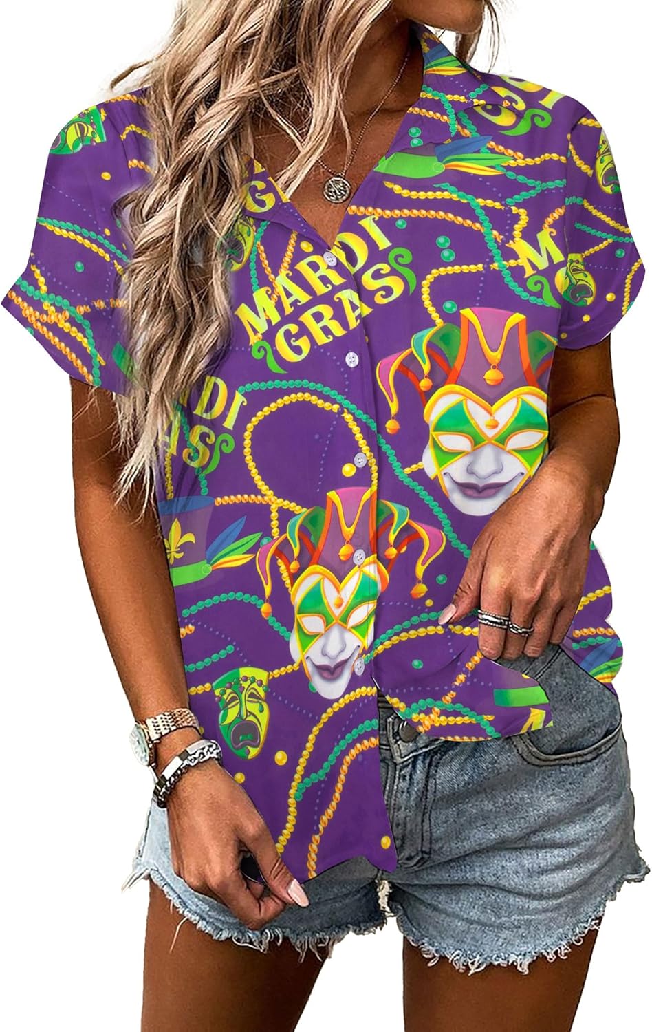 ALLTB Mardi Gras Outfit for Women Hawaii Shirts Carnival Themed Mask Tee Party Holiday T-Shirt Short Sleeve Button Down Top - Image 4