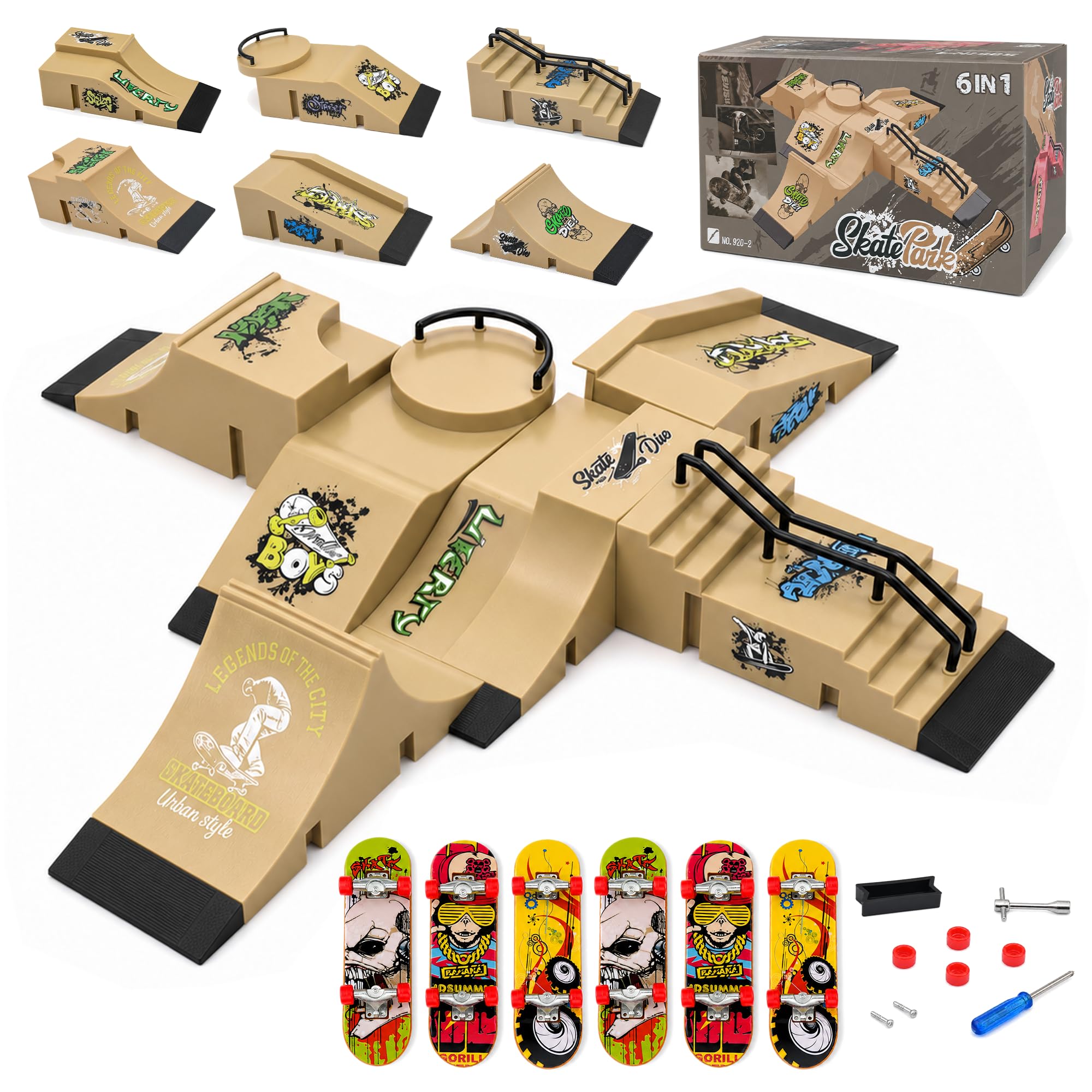 iPalamila Zestaw 6 w 1 deskorolka parkowa – z 6 rampami i 6 mini fingerboardami – idealna dla fanów fingerboardów, dzieci i początkujących, do ćwiczenia sztuczek i zabawy.