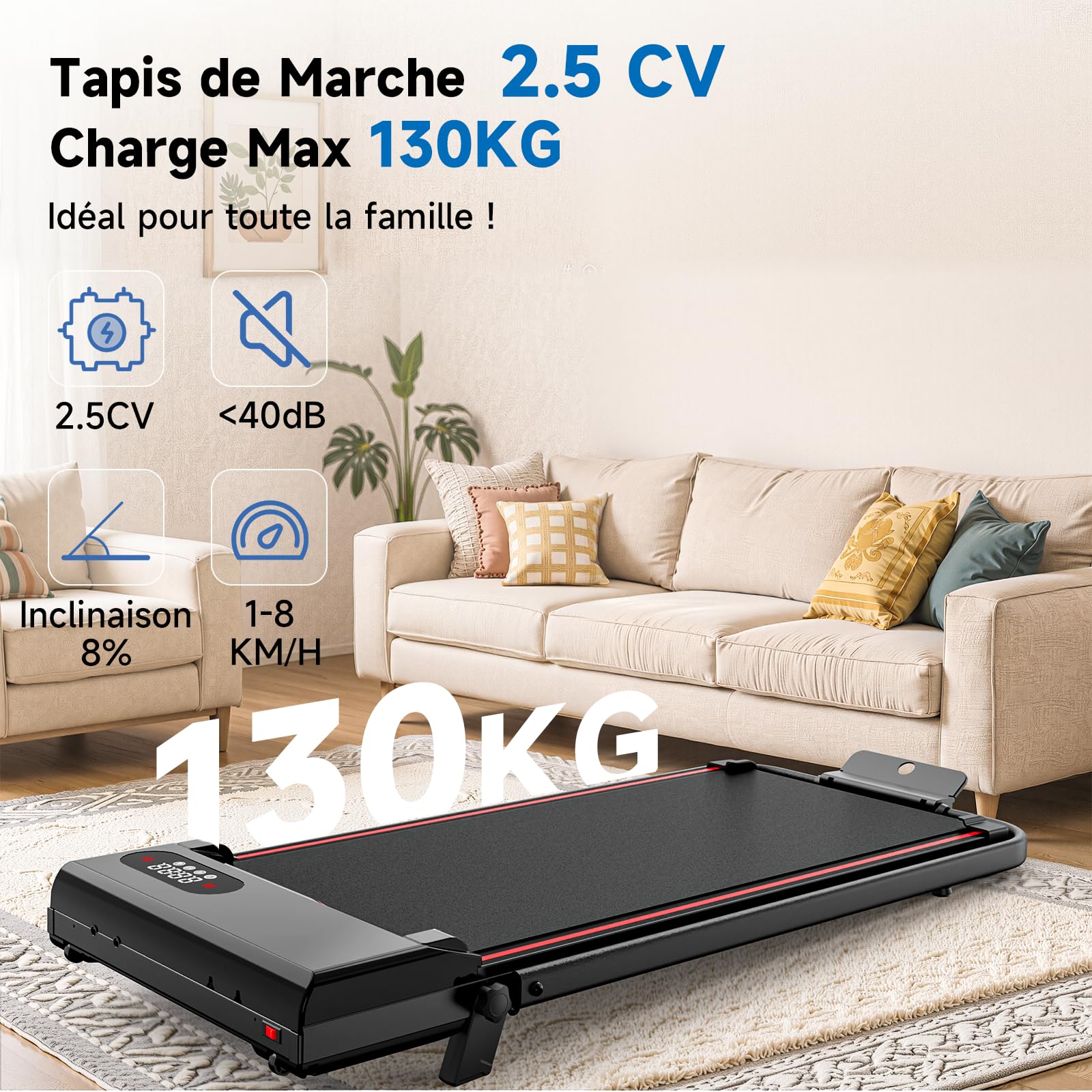 Tapis de Course Pliable avec Pente Réglable 7% – Tapis Roulant Électrique Silencieux 8 km/h, Moteur 2,5HP, Surface Large 40cm, Charge 130kg