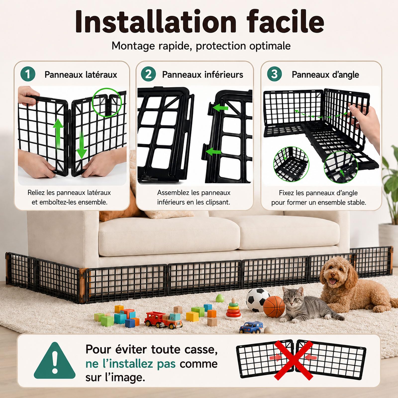 12 Pièces Bloqueurs de Jouets sous Canapé pour Animaux, Réglable Bloqueur sous Lit & Sofa, Barrière Plastique pour Interstice, Protection Meuble avec 20 Attaches