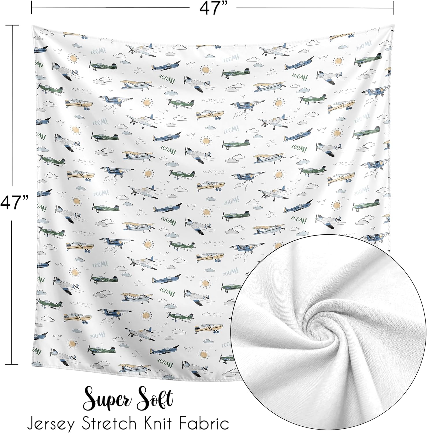 Sweet Jojo Designs Green Vintage Airplane Boy Baby Swaddle Blanket for Infant, Newborn Lightweight Jersey Stretchy Receiving Security Stroller Cover - Airplanes, Transportation, Clouds, Sun, Aviator