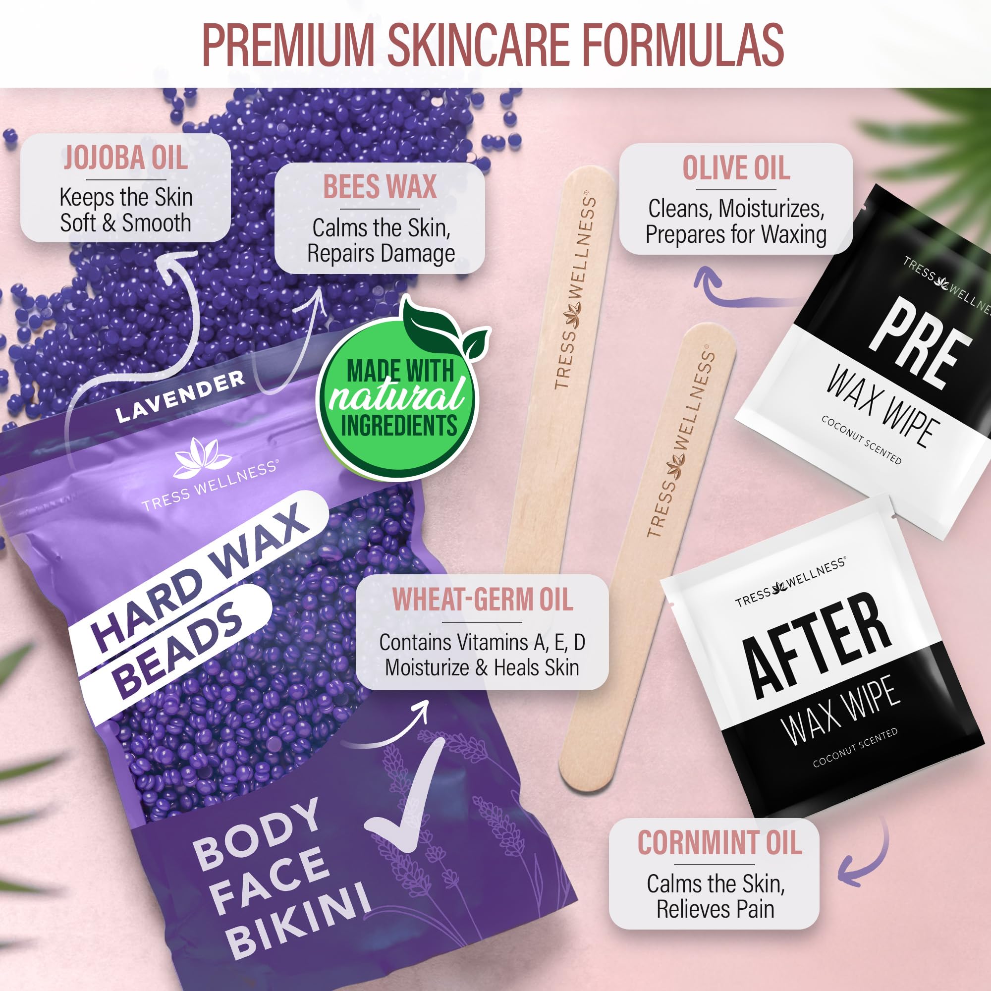 Tress Wellness Kit ceretta per pelli sensibili, sicuro per viso e pelle, salviette per la preparazione e la cura del viso, facile da usare, kit a casa per viso, bikini, brasiliana e tutto il corpo
