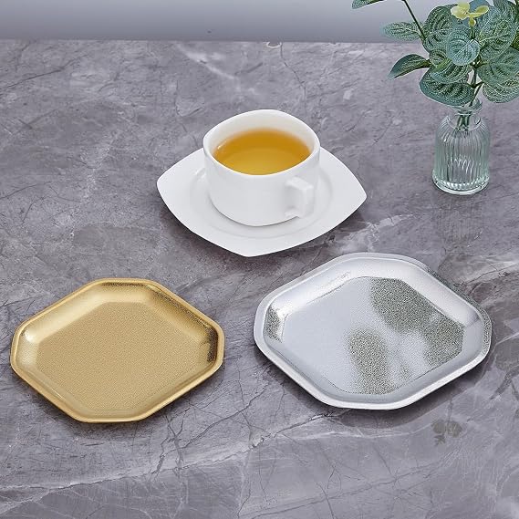 SANQIAHOME 4.7x4.7 inch square Appetizer Plates,thick stainless steel Dinner Plates, Pasta Dessert Plates for Sushi, Fruit oven/Dishwasher Safe, Set of 4,Gold