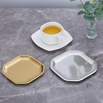 SANQIAHOME 4.7x4.7 inch square Appetizer Plates,thick stainless steel Dinner Plates, Pasta Dessert Plates for Sushi, Fruit oven/Dishwasher Safe, Set of 4,Gold
